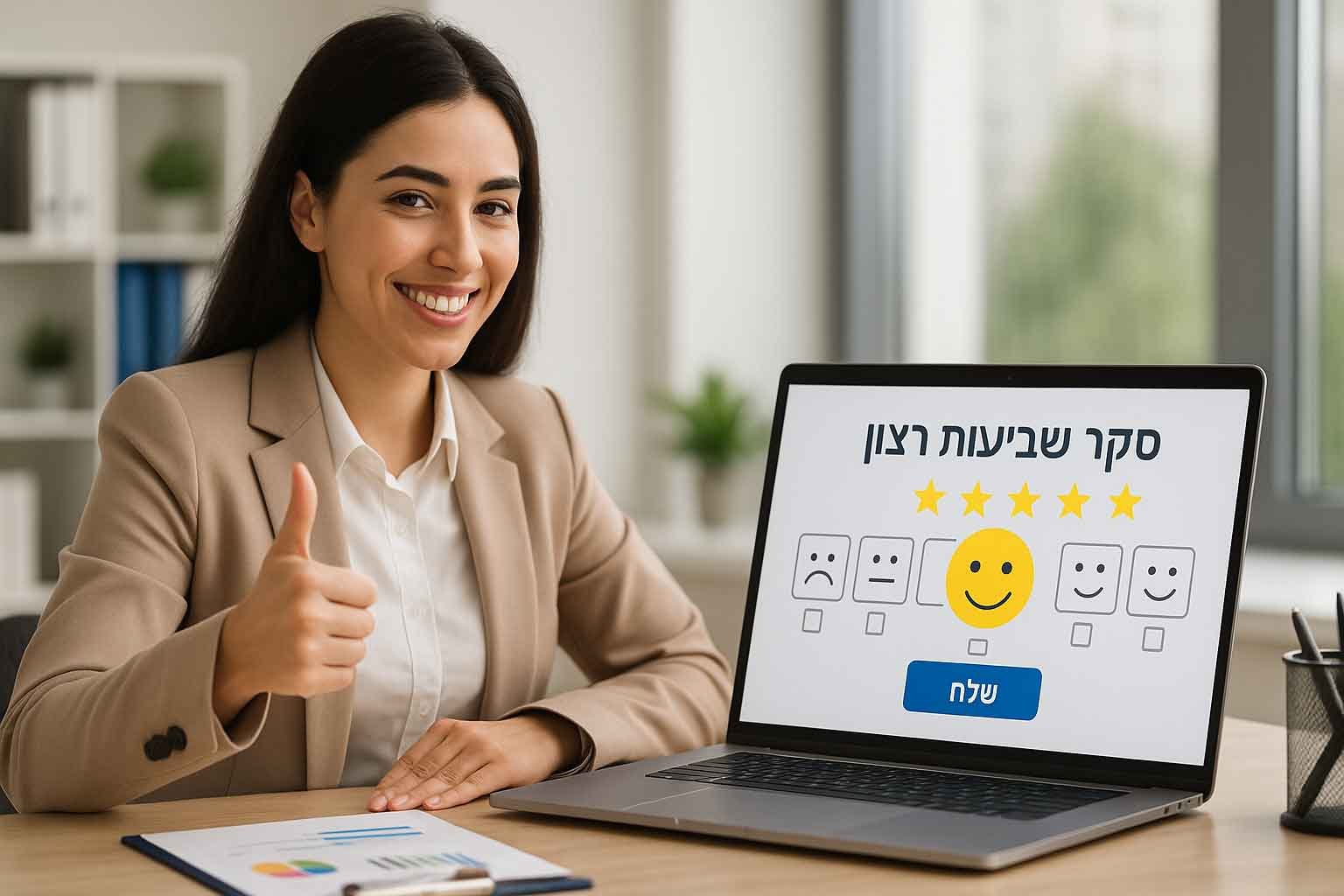 אשת מקצוע צעירה מחייכת מול מסך מחשב עם סקר שביעות רצון פתוח